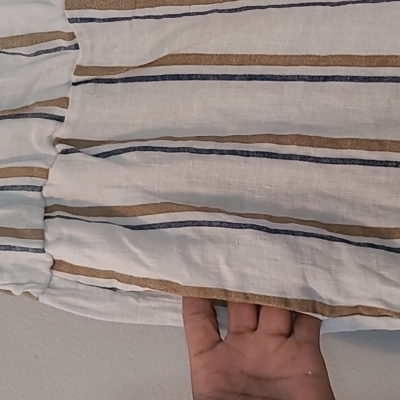 Angela Mara Linen White Tan Blue Striped Pull-on Wide Pants Popover Top Tie Sz L - Picture 7 of 16